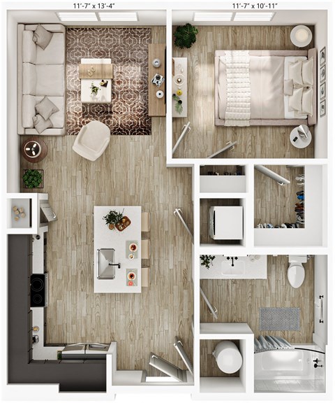 a 3d floor plan of a bedroom with a bathroom